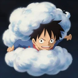 Luffy turning into a cloud with a hair made of clouds. his new power GEAR 5, close up shot, studio Ghibli, Pixar and Disney animation, sharp, Rendered Unreal Engine 5, film key art, Greg Rutkowski, Bloom, dramatic lighting