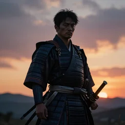 Kim jong UN as a samurai, cinematic shot, sunset, the ghost of Tsushima