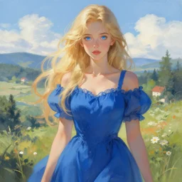 infinitely detailed full - body portrait pale female beautiful blonde haired woman with sparkling blue eyes. wearing blue dress, beautiful! scenery art! by wlop & murata range, by ilya kuvshinov. artstation!! / pixiv!!