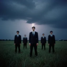 8 mm film, blurry, grainy, liminal, unsettling, group of tall men in suits in a field, thunderstorm, dark night