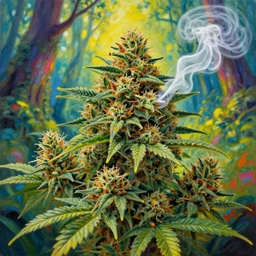 a painting of marijuana buds growing in a beautiful fantasy forest and thick swirling white smoke, vivid and vibrant, by diego gisbert llorens, bayard wu, marc simonetti, unreal engine, trending on artspace