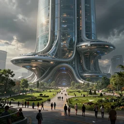 street view of a futuristic building made of glass and metal, epic parametric architecture, expanse spaceship, parks and green meadows, crowds of people, concept art, solarpunk, darksynth, misty, dramatic lighting, film noir, cinematic, 8 k