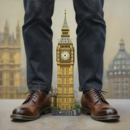 detailed photorealistic painting of a man with a miniature big ben between his legs