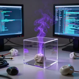 artwork by jesper just with wax, porcelain, cables and monitors, small stone in a plexiglas box, purple smoke, ultra realistic, depth, beautiful lighting, glitch, sigma, 8 k, 3 5 mm, f / 3 2