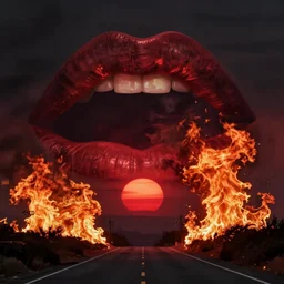 beautiful and terrible fires of los angeles, atmoshperic, sharp focus, dark road, red sun, huge lips, trending on artstation, intricate details