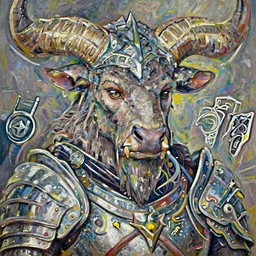 oil painting of a tauren wearing full plate armor, in style of ivan aivazovsky, expressive face, detailed face, detailed eyes, full body, feminine face, tracer overwatch,