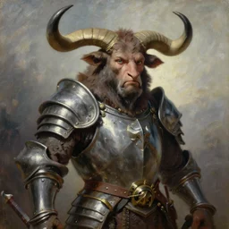oil painting of a tauren wearing full plate armor, in style of ivan aivazovsky, expressive face, detailed face, detailed eyes, full body, feminine face, tracer overwatch,