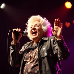 publicity photo still of betty white as a gangsta rapper live on stage, 8 k, live concert lighting, mid shot
