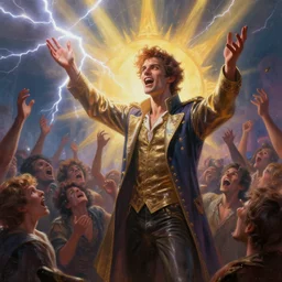 an action painting of prince giving a sermon, telling people to go crazy, lightning bolts, sunbeams, madness, highly detailed, smooth, sharp focus, dynamic lighting by delphin enjolras, ultrarealistic, cinematic, octane render