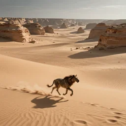 beast running across the open desert, empty desert, sand, karst landscape, wide shot, fantasy art by greg rutkowski