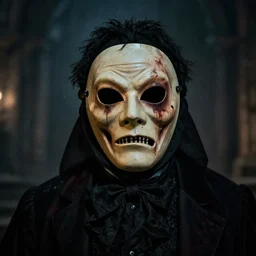 a portrait photograph of a victorian wearing a scary vintage halloween mask, creepy, atmospheric, cinematic, epic scene