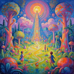 A painting of a dreamland in the style of Roger Dean, 8K concept art, psychedelic, digital art