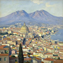 the city of present - day naples, italy with mountains by georges badin