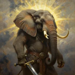 elephant barbarian knight with big sword, strong sun backlight sunrays  body , extreme very textured detailed portrait oil painting by rembrandt,   dramatic clouds and  atmosphere