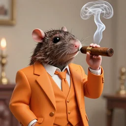 “gangster rat smoking a cigar wearing an orange suit, detailed, Pixar”