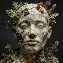 the broken face of psychosis made of stone wood and herbs