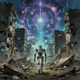 A robot walking through a collapsed and completely destroyed city in the style of studio ghibli, futuristic, dystopian, ominous, beautiful, astral, mystical, intricate, detailed