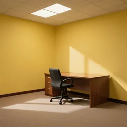 lonely office room with yellow walls, beige carpet and tiled ceiling