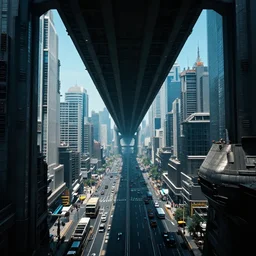 busy cyberpunk futuristic cityscape located under a bridgeway, world seen only through a portal, daylight, cinematic perspective, cinematic lighting, blue sky, syd mead, john harris, symmetrical