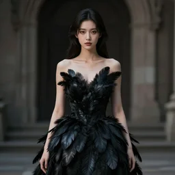 hight focus of a wonderful realistic focused sweet wonderful symmetrical mid portrait of a lonely beautiful woman, only her dress is like a realistic black raven plumes, image in center, dramatic light, octane render - 8 k