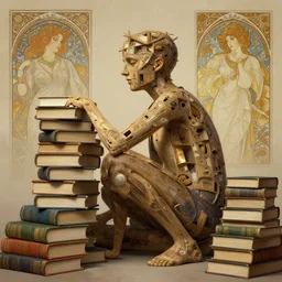 person made of books, highly detailed, digital painting, artstation, concept art, sharp focus, illustration, art by artgerm and greg rutkowski and alphonse mucha