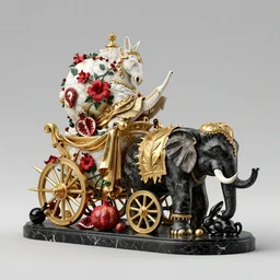 snail vs knight, Elephant, pomegranade, narval, horns, Kraken, wide angle, italian masterpiece, Ashford Black Marble, sculpture, baroque,  draped with red Hibiscus and vines and spines, marble and gold, drapes, white details, dead fruits, Obsidian, portrait, rabbit, chariot, snails vs knight, render, artstation, ultra detailed