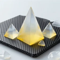 translucent pyramids inside a carbon fiber low poly plate ice cavern, yellow fluid simulation, led screen exposure, dark scene illuminated by screens, blue light filter, spy kids aesthetic, high contrast, octane render, ray tracing, specular highlighting, volumetric fog, trending on artstation, 6 k, wallpaper