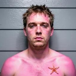 prison mugshot of real - life patrick, bright flash, shirtless, saturated pink skin, starfish, low saturation, somber expression, filthy hair, rugged textured face, soft vignette, soft focus, 5 0 mm, 4 k, nypd