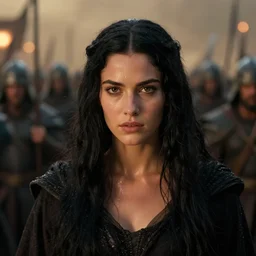 epic photo of young demi moore as beautiful medieval sorceress with very long black hair, battle scene with a thousand warriors behind her in the background, sweaty, detailed eyes, neutral expression, shallow depth of field, photorealistic, cinematic lighting, lovely bokeh, warm colours, dusk, movie quality, conan the destroyer 1 9 8 5, movie still, cinemascope