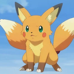 one pokemon in anime cartoon style with features of a fox with green eyes