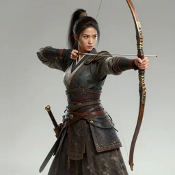 rugged female samurai archer, hair on a ponytail, 8 k, fantasy, hyperrealistic, trending in artstation, art by laura sava