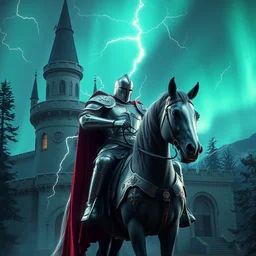 knight crusader mounted in a horser, standing in frontal of a castle, castle realistic, armor of lightnings and helmet effect electricity hyperrealism, big forest world fantasy hyperrealism, sky rays of northern lights electricity artstation realistic, hyperrealism