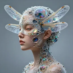 3 d goddess medium shot profile portrait. beautiful intricate highly detailed mask made entirely of bubbles. dragonfly wings, optical mineralogy, chitin, oil on water, reflections, refractions, artwork by android jones, tooth wu and wlop and beeple and moebius, rendered by frostbite 3