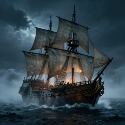 wild ocean storm at night, old wooden pirate ship battle, appearing from fog, mist, dramatic lighting, cinematic, establishing shot, extremly high detail, foto realistic, pirates of the carribean, cinematic lighting, post processed, concept art, artstation, matte painting, style by eddie mendoza, raphael lacoste, alex ross