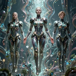 karol bak and tom bagshaw and daniel gerhartz symmetrical full body character portrait of the borg queen of sentient parasitic flowing ai, floating in a powerful zen state, supermodel, beautiful and ominous, wearing combination of mecha and bodysuit made of wires and fractal ceramic, machinery enveloping nature in the background, artstation scifi character digital concept, render
