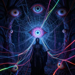 satanic ritual, neon, they are watching, eyes, webs, RGB, glowing wires everywhere, pristine, by Ross Tran, Zdzisław Beksiński, Junji Ito, and Michael Whelan, distant, gustav dore, H.R. Giger, 8k, hd, 4k, hyper, octane render