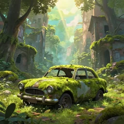 a abandoned ruined and mossy car in the middle of a ruined and mossy city full of trees, pixar and disney style, ghibli studio, masterpiece, high quality, highly detailed, high coherence, path traced, bloom, godrays crossing the scene, complementary colors, apocaliptic ambient, beautiful, elegant, breathtaking landscape, cute
