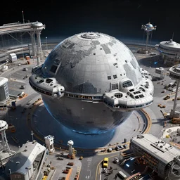 sphere grey spaceship, busy spaceport, lumion 3 d max panorama, 3 d render, high quality, intricate, detailed, best quality