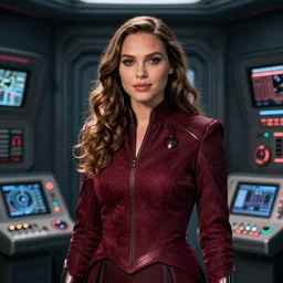 Gal Gadot as as the Doctor in his burgundy costume in the Tardis secondary control room