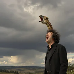 bob ross with a really long neck and screaming at the sky