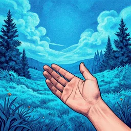 Welcome to wonderland, I\'ll be your guide, Holding your hand under sapphire skies. Let\'s go exploring, or maybe just go for a walk? thickly outlined style, detailed, lighting, landscape