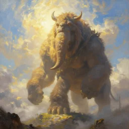 fantasy oil painting, great behemoth, epic, natural light, spectacular, bright clouds, luminous sky, outer worlds, golden daple lite, craig mullins, michael cheval, greg rutkowski, artstation, epic