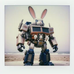 very realistic! photograph giant oversized battle rabbit robot delorean fusion chubby mech transformers retro boombox delorean mixed with mecha robot double decker with giant oversized ears and rabbit babies, on beach, full body, cinematic focus, polaroid photo, vintage, neutral dull colors, soft lights, foggy mist, by oleg oprisco, by thomas peschak, by discovery channel, by victor enrich, by gregory crewdson