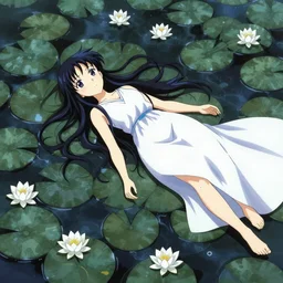 Hestia Danmachi laying in a pond of lilies, somber ethereal lighting, in the style of yang-do, anime illustration
