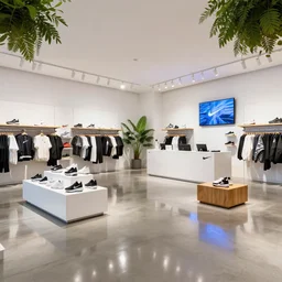 1 8 mm photograph atmospheric, realistic lighting, reflections, symmetry, balance, hyperdetailed, 8 k radiant light, detailed and intricate environment. large nike boutique flagship retail. white walls. polished concrete floor. display tables with shoes and clothes. low ceilings with downlights and spots. white corian and oak furniture. impressive counter. large digital screens on walls. verdant plants