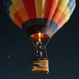 portrait of a single man flying in hot air balloon in the colorful space, in the style of greg rutsowski, dark background, hyper realistic