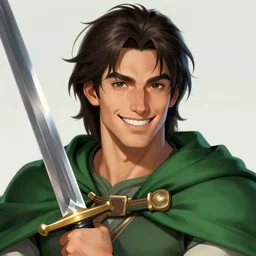 a smile male warrior with dark medium hair, sword in hand, green cloak, friendly, confident, reliable. character, closeup headshot, in the style of artgerm, artstation, wlop, alexis franklin, cgsociety, 8 k resolution, detailed