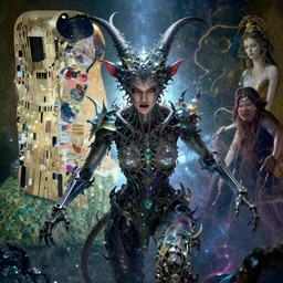 epic portrait of menacing, anxious, agitated yet stunningly beautiful biomechanical djinn the terrifying demigod of creation made of quartz and metal overseeing the iridescent fabric of the universe, by charlie bowater, mandy jurgens, gustav klimt, octane render, dramatic camera angle, 4k, 8k, high detail, HDR, by tom bagshaw, powerful, with inspiration from Beksinski, inspired by greek goddess Athena