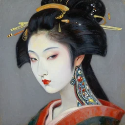 a close up oil painting of a beatiful geisha, astral, cyborg details, fine art, intrincate. by peter mohrbacher marc simonetti, anna podedwor