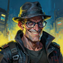 an intimate portrait of a gnarly human cyberpunk captain, old skin, faded hat, charming, strong leader, glasses, a look of cunning, big smile, detailed matte fantasy painting, the night war rages behind him, yellow and blue and cyan